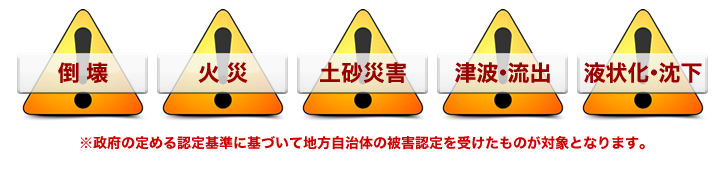 [倒壊][火災][土砂災害][津波・流出][液状化・沈下]イメージ